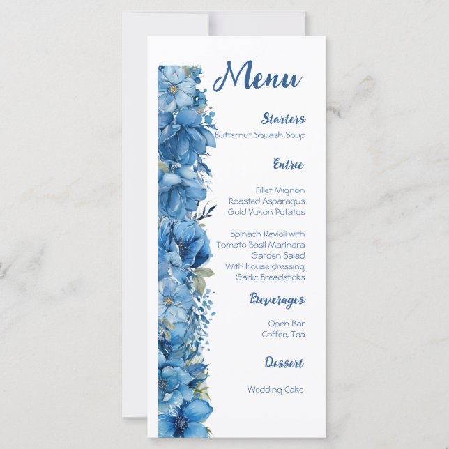 Sapphire Elegance Blue and White Bröllop Menu (Framsida)