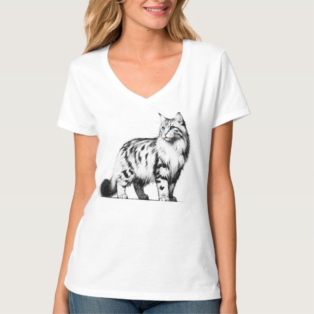 Sapphire Gaze Maine Coon Illustration T Shirt (Framsida)
