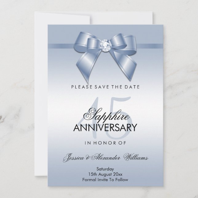 Sapphire Gem Bow & Ribbon 45-års bröllopsdag Spara Datumet (Framsida)