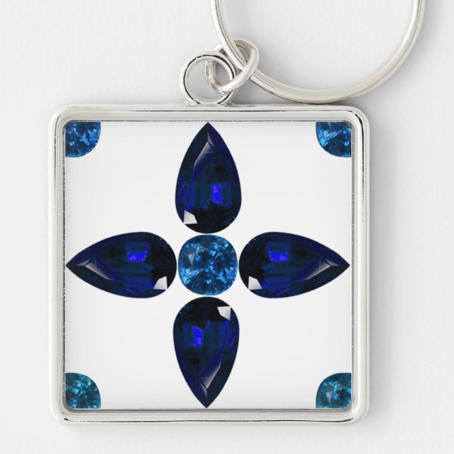 Sapphire Gemstone Art, Blue Keychain Fyrkantig Silverfärgad Nyckelring (Framsidan)