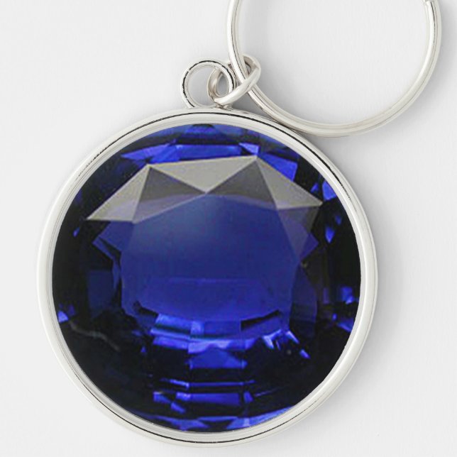Sapphire Gemstone Blue Rund Silverfärgad Nyckelring (Framsidan)