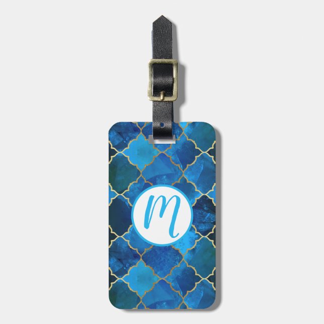 Sapphire Gemstone & Guld Moroccan Tile Mönster Bagagebricka (Vertikal Framsida)