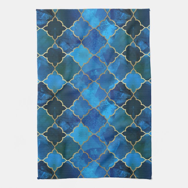 Sapphire Gemstone & Guld Moroccan Tile Mönster Kökshandduk (Vertikal)