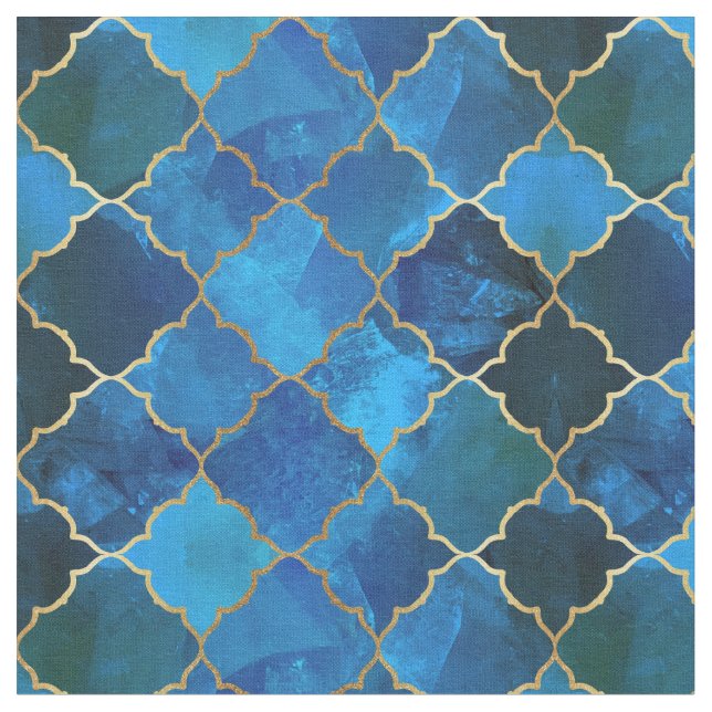 Sapphire Gemstone & Guld Moroccan Tile Mönster Tyg (Närbild)