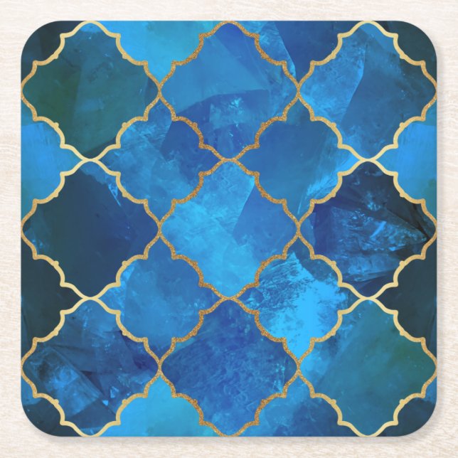 Sapphire Gemstone & Guld Moroccan Tile Mönster Underlägg Papper Kvadrat (Framsidan)