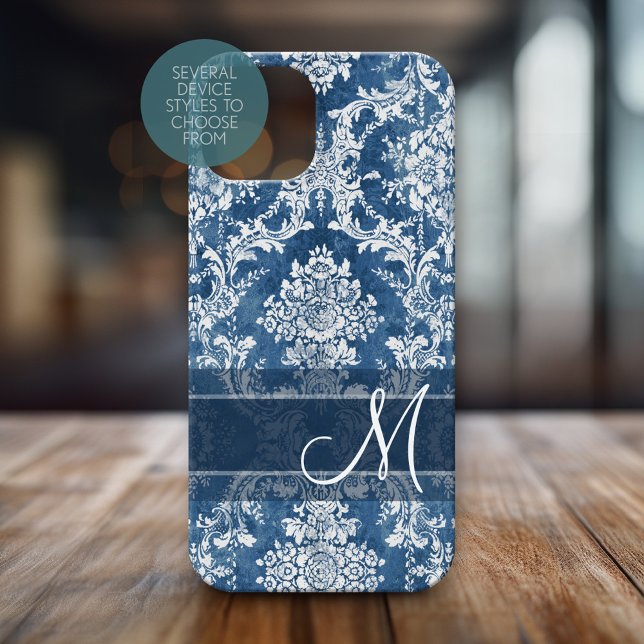 Sapphire Grunge Damask Pattern med Monogram (Personalized Phone Case with Monogram)