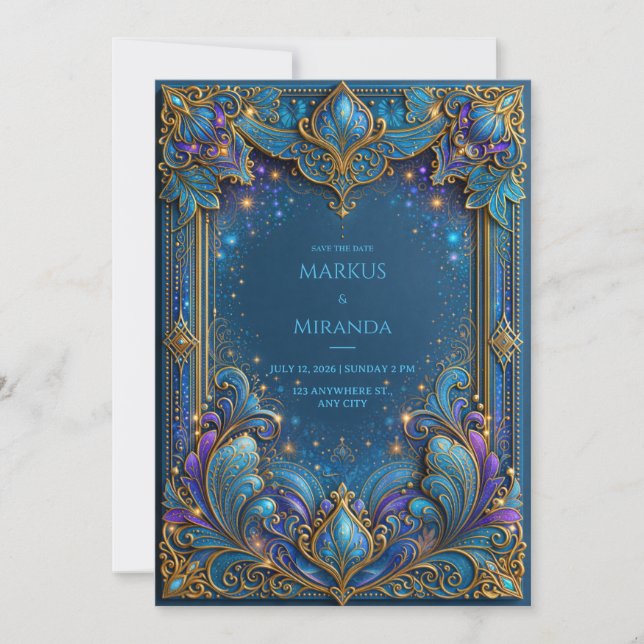 Sapphire Guld Celestial Bröllop Inbjudningar (Framsida)