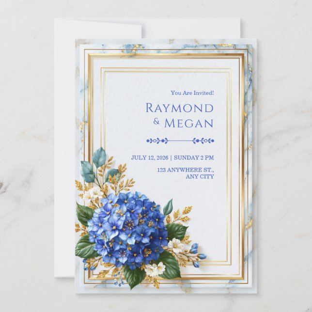 Sapphire Hydrangea Guld Folie Romantik Bröllop Inbjudningar (Framsida)