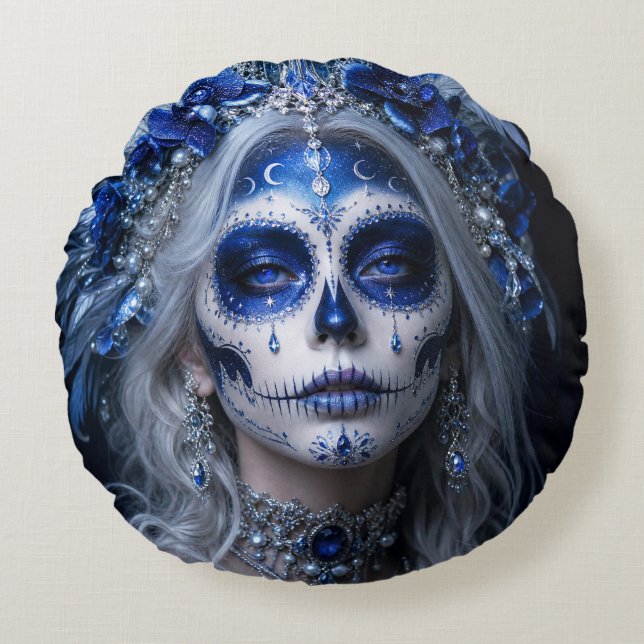 Sapphire Moon Calavera – Blå Celestial  Rund Kudde (Framsidan)