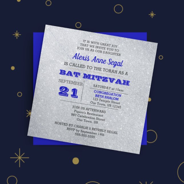 Sapphire och Silver Glitter Glam Bat mitzvah Inbjudningar (Skapare uppladdad)