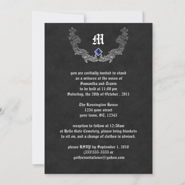 Sapphire och Silver Monogram Gothic Investigation Inbjudningar (Framsida)