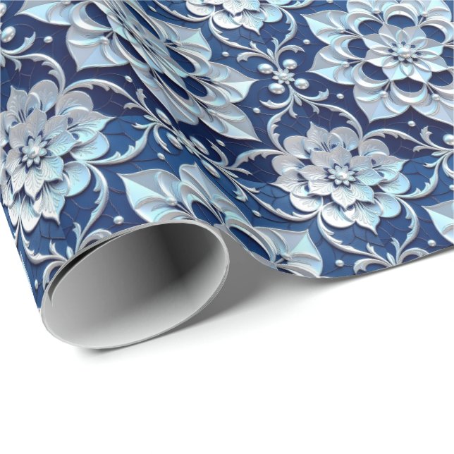Sapphire Pearl Silver Blue w/ Scrollwork Gift Wrap Presentpapper (Rullad Hörn)