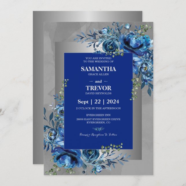 Sapphire Petals: A Silver Firande Kärlek Inbjudningar (Fram/baksida)