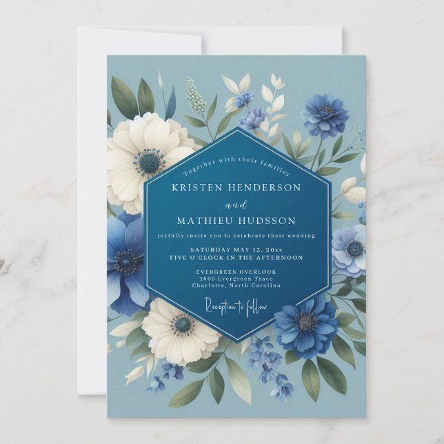 Sapphire Poetic Bloom Bröllop Inbjudningar (Framsida)