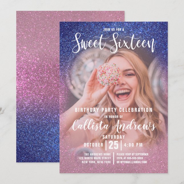 Sapphire Rosa Triple Glitter Ombre Photo Sweet 16 Inbjudningar (Fram/baksida)