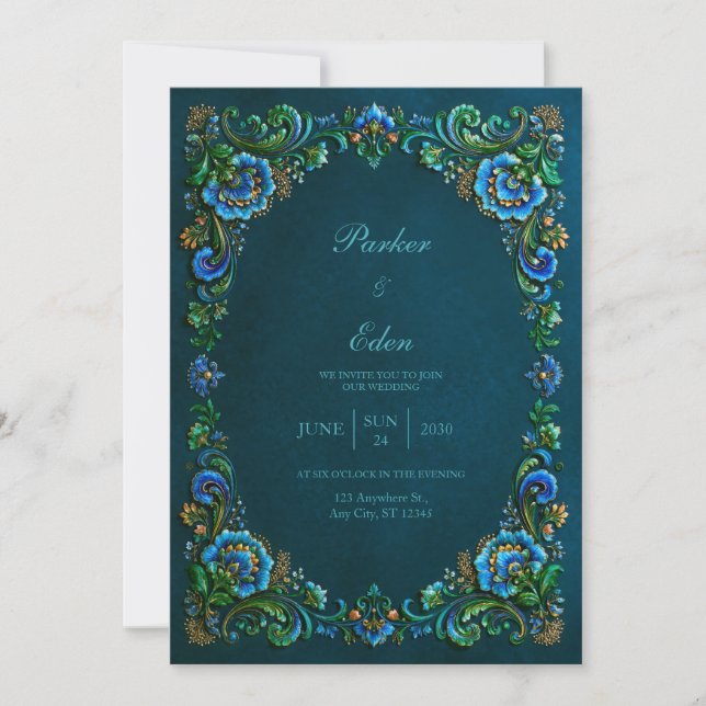 Sapphire Teal Floral Wedding Inbjudningar (Framsida)