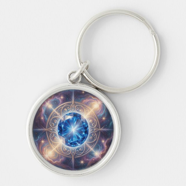 Sapphire – The Stone of Truth and Wisdom´6 Rund Silverfärgad Nyckelring (Framsidan)