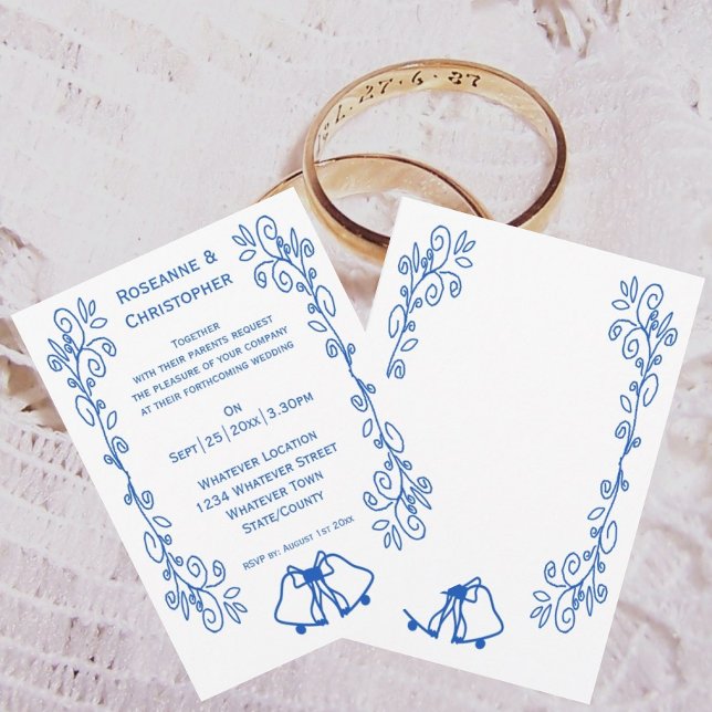 Sapphire Wedding Investigation Klockor Scrollwork Inbjudningar (Sapphire wedding invitation bells and scrollwork design)