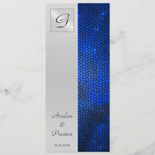 Sapphirefärgat bröllopsprogram med glasmålning program (Framsida)