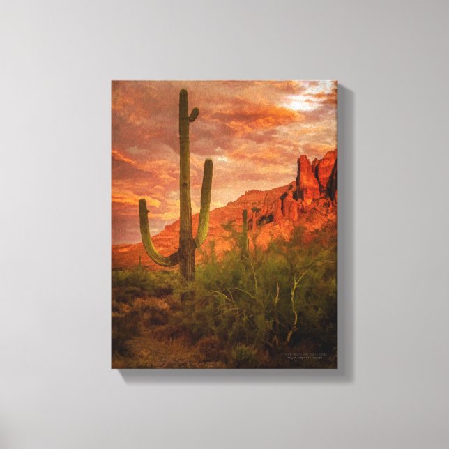 Saquaro Cactus Superstition Mountain Sunset 11x14 Canvastryck (Framsida)