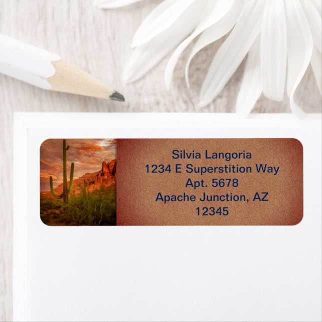 Saquaro Cactus Superstition Mountain Sunset Returadress Etikett (Insitu)