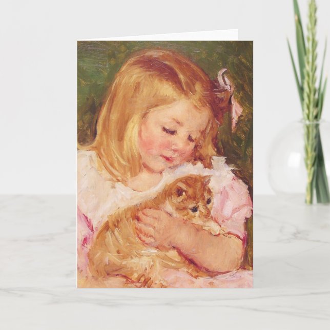 Sara håller en katt c. 1908 Mary Cassatt Kort (Framsida)