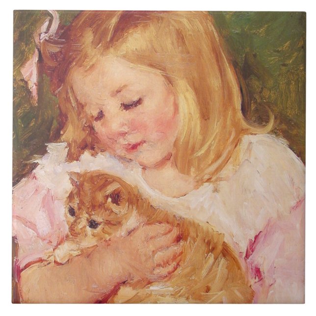 Sara Holding a Cat (av Mary Cassatt) Kakelplatta (Framsidan)