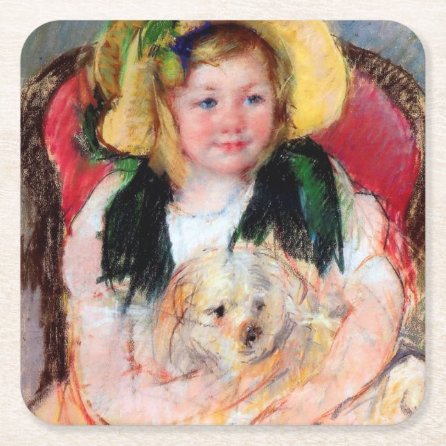 Sara med Hennes Hund, Cassatt Underlägg Papper Kvadrat (Framsidan)