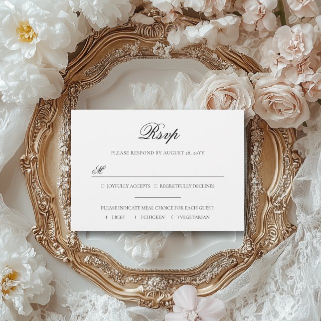 Sarah Elegant Black & White Meal Choice Bröllop OSA Kort (This meal choice RSVP card is perfect for an elegant, vintage wedding.)