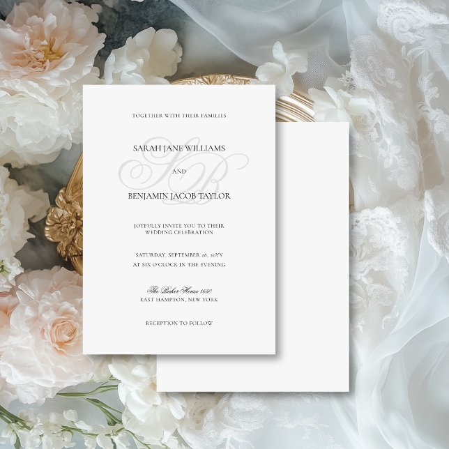 Sarah Elegant Monogram Svart & Vitt Bröllop Inbjudningar (This elegant, vintage-inspired invite features your monograms in a classic calligraphy script font.)