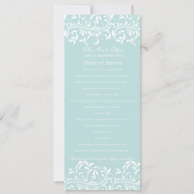 Sarah Janes ljusblå & vita Order of Service Inbjudningar (Framsida)