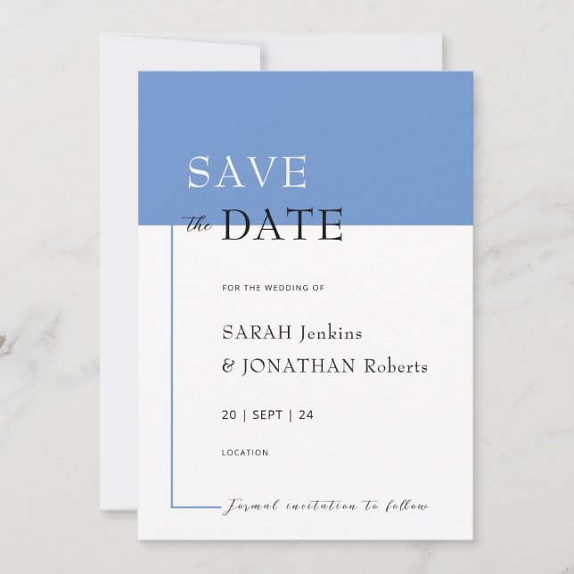 SARAH Modern Blue Minimalist Save Date Card Spara Datumet (Framsida)