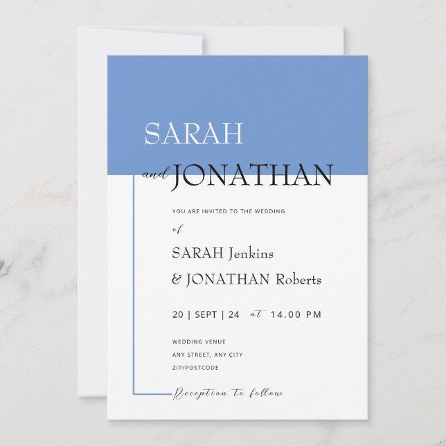SARAH Modern Blue Minimalist Wedding bjudande in Inbjudningar (Framsida)