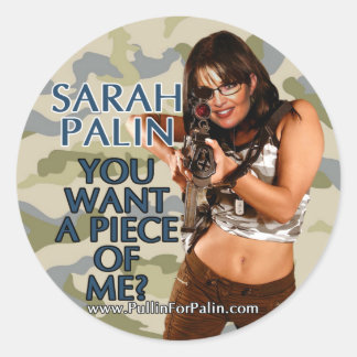 Sarah Palin, vill du ha en bit av mig? Stickers Runt Klistermärke