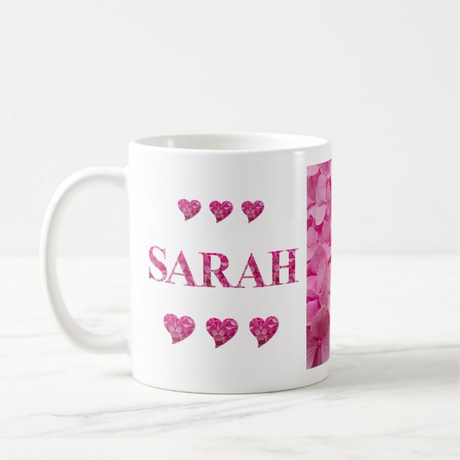 ’Sarah’ Rosa Hydrangea Blommigt Brev, Cute Hearts Kaffemugg (Vänster)