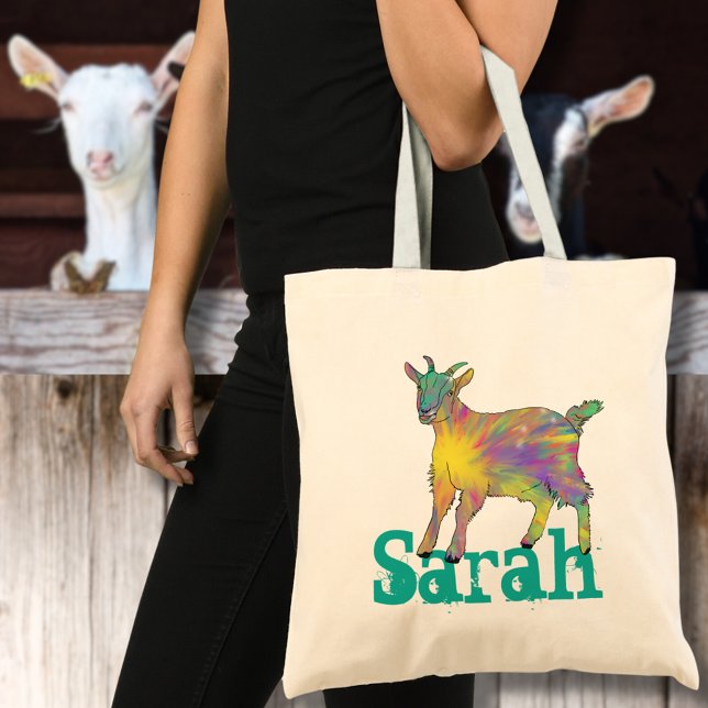 Sarah Stjärnexplosion Get Färgstark Söt Djur Konst Tygkasse (Cute goat colorful farm animal art personalized name tote bag)