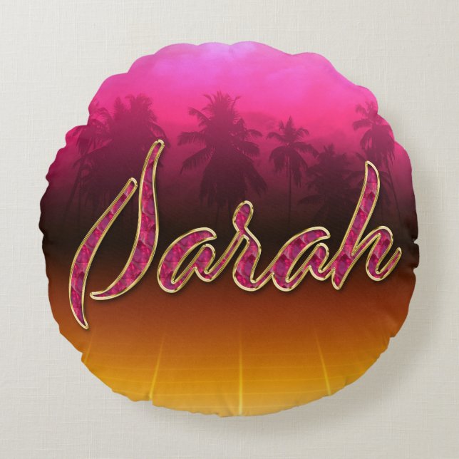 Sarah Vorname Name golden pink Kissen Rund Kudde (Framsidan)
