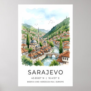Sarajevo akvarelltryck, stadslandskap med moské poster