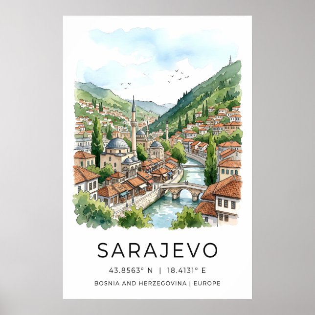 Sarajevo akvarelltryck, stadslandskap med moské poster (Framsidan)