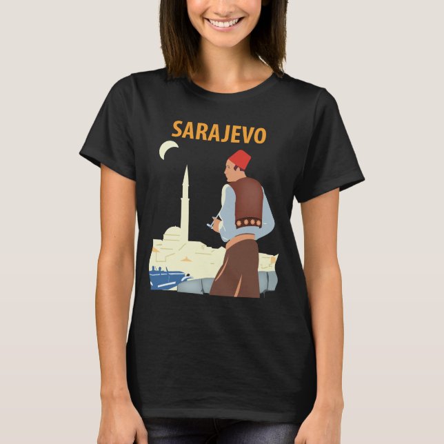 Sarajevo Bosnien Minaret Kväll Blå Resa T Shirt (Framsida)