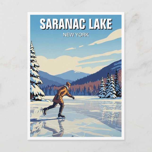 Saranac Sjö New York Ice Skating Travel Vykort (Framsida)