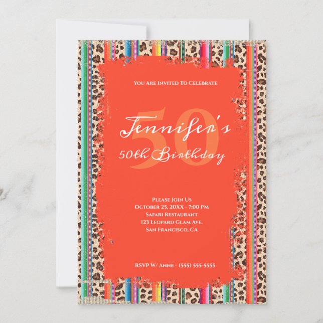 Sarape Leopard Grunge Safari Orange 50:e födelseda Inbjudningar (Framsida)