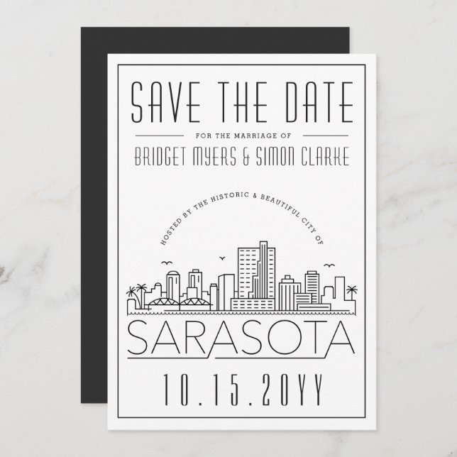 Sarasota Bröllop | Stiliserad Skyline Spara datum Inbjudningar (Fram/baksida)