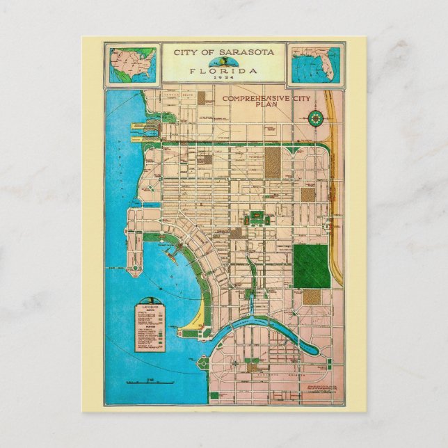 Sarasota stads vintagekarta vykort (Framsida)