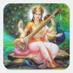 Saraswati klistermärkear - version 1 fyrkantigt klistermärke