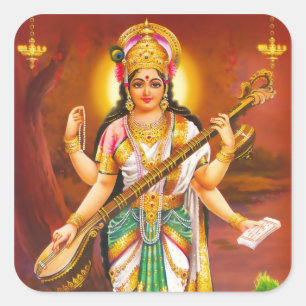 Saraswati klistermärkear - version 2 fyrkantigt klistermärke