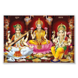 Saraswati, Lakshmi & Ganesha tryck (6" x 4")