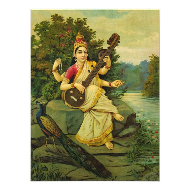 Saraswati, Musiks gudinna av Raja Ravi Varma Fototryck (Framsidan)