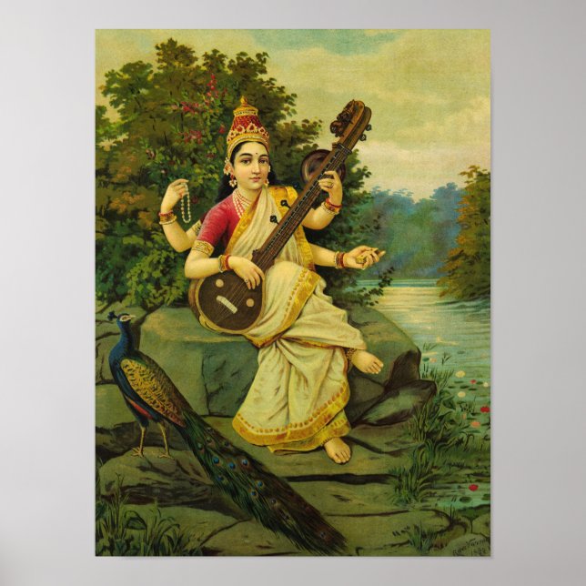 Saraswati, Musiks gudinna av Raja Ravi Varma Poster (Framsidan)