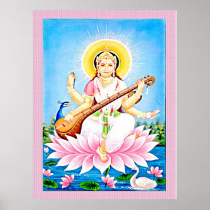 Saraswati sitta på en lotus-blommar poster